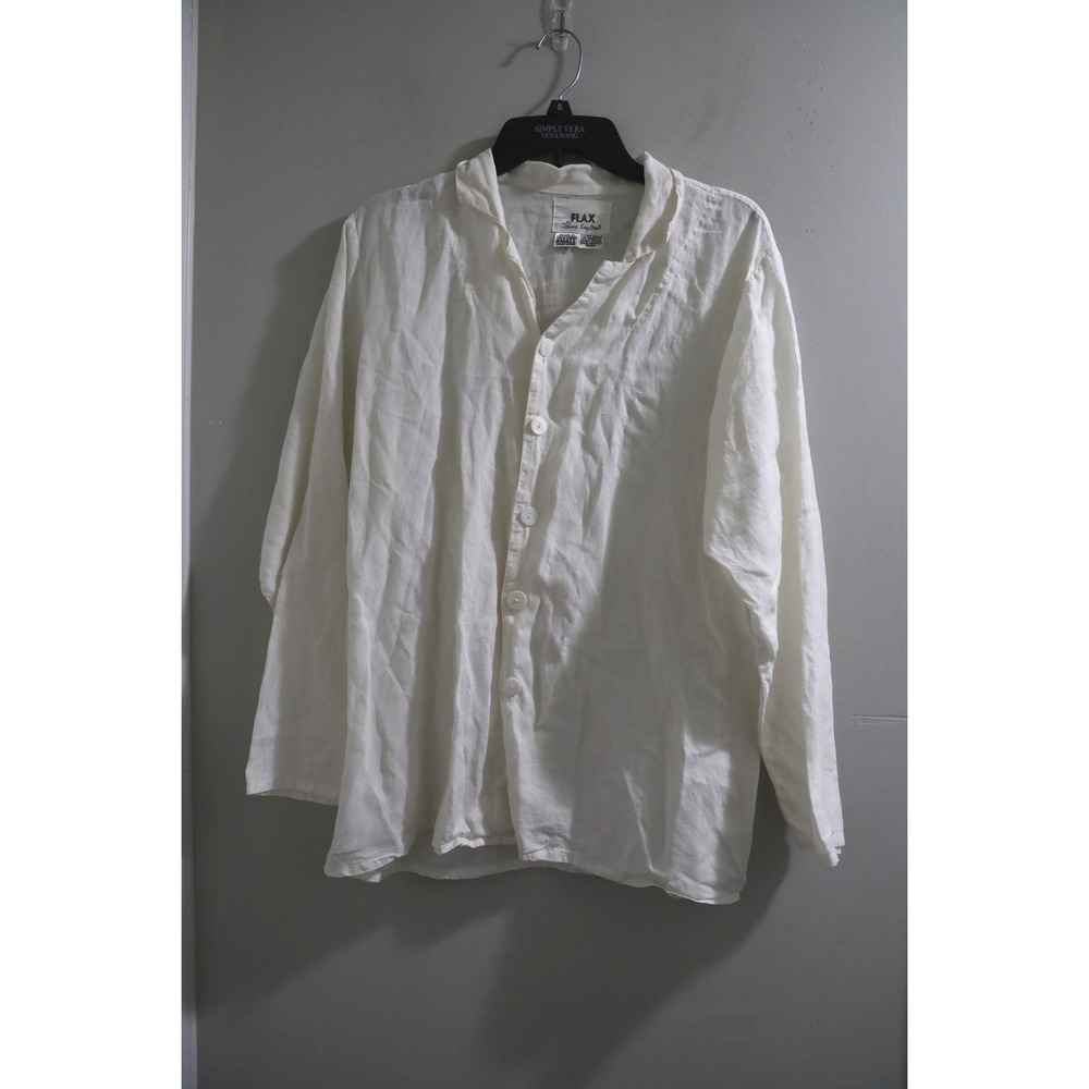 FLAX Jeanne Engelhart White 100% Linen Button Down Shirt Long Sleeve‎ Small